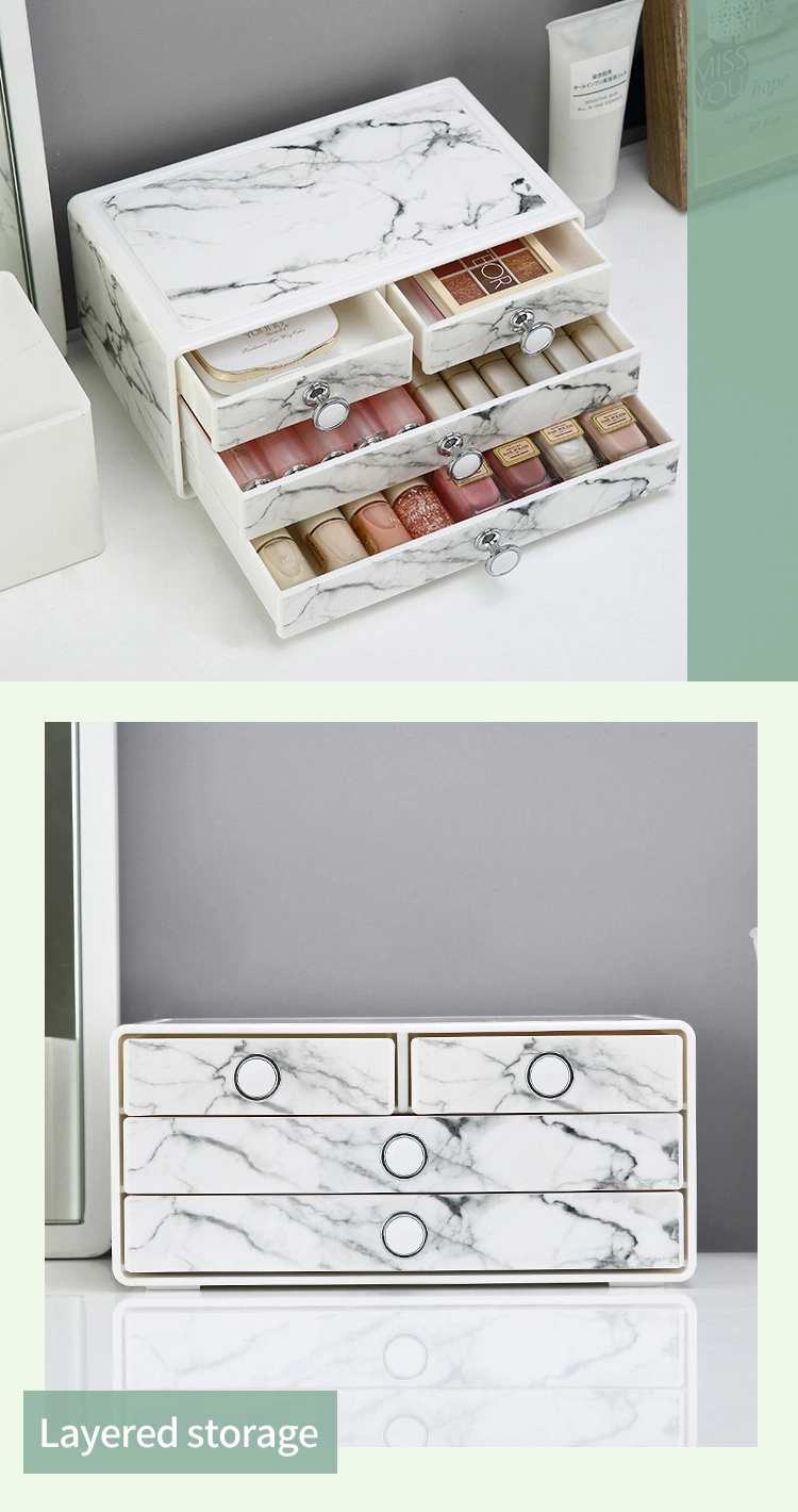 Luxury Drawer Design 3 Tier Small Cosmetic Case Holder Plastic Marble Makeup Organizer for Dressing Table