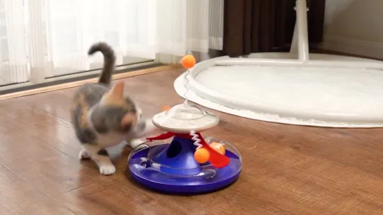 Dispensador de comida para gato, brinquedo divertido para animais de estimação, com pista circular, plataforma giratória móvel